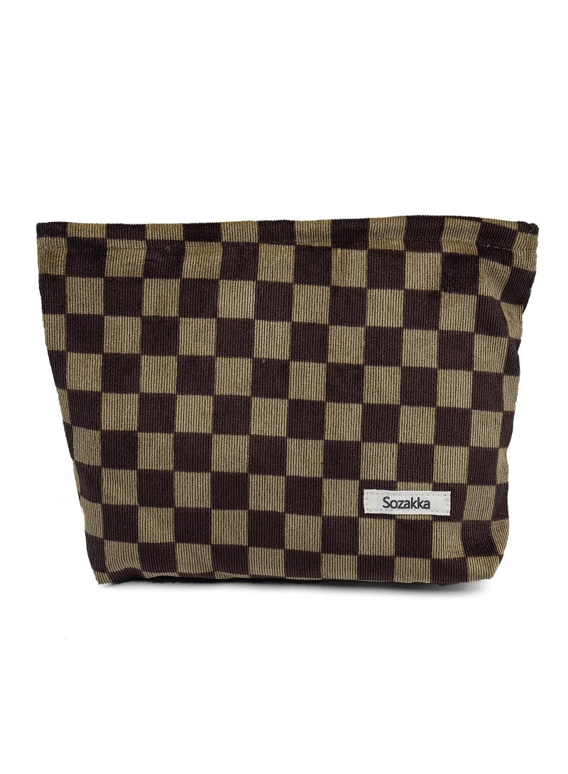 SOLARAE Women Checkered Corduroy Makeup Bag, Large Capacity Make Up Organizer Bag Zipper Pouch, Travel Toiletry Bag for Women and Girls, Dark Brown - Image 1