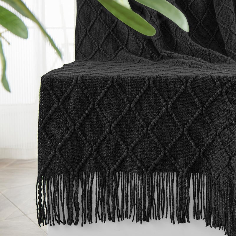 inhand Knitted Throw Blankets for Couch and Bed Soft Cozy Knit Blanket with Tassel Black Lightweight Decorative Blankets and Throws Farmhouse Warm Woven Blanket for Men and Women 60x80 - Image 2