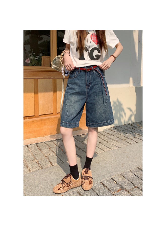 Vintage Five-point Denim Shorts Women's Summer High Waist Loose Slimming Plus Size Wide-leg Straight Trendy Mid-length Pants 