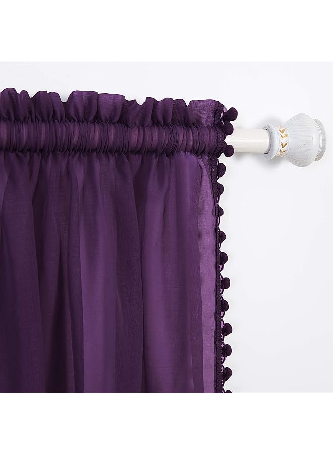 erorex Semi Sheer Pom Pom Tassels Curtains 2 Panels Set With 2Inch Rod Pocket Solid Sheer Curtain Drapes For Living Room Bedroom W40 - Image 1
