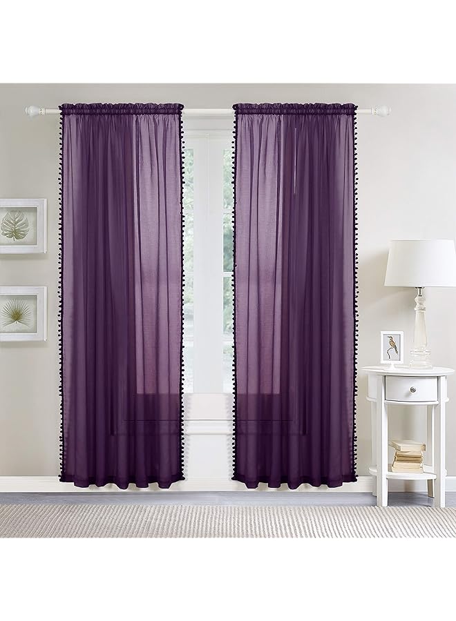 erorex Semi Sheer Pom Pom Tassels Curtains 2 Panels Set With 2Inch Rod Pocket Solid Sheer Curtain Drapes For Living Room Bedroom W40 - Image 2