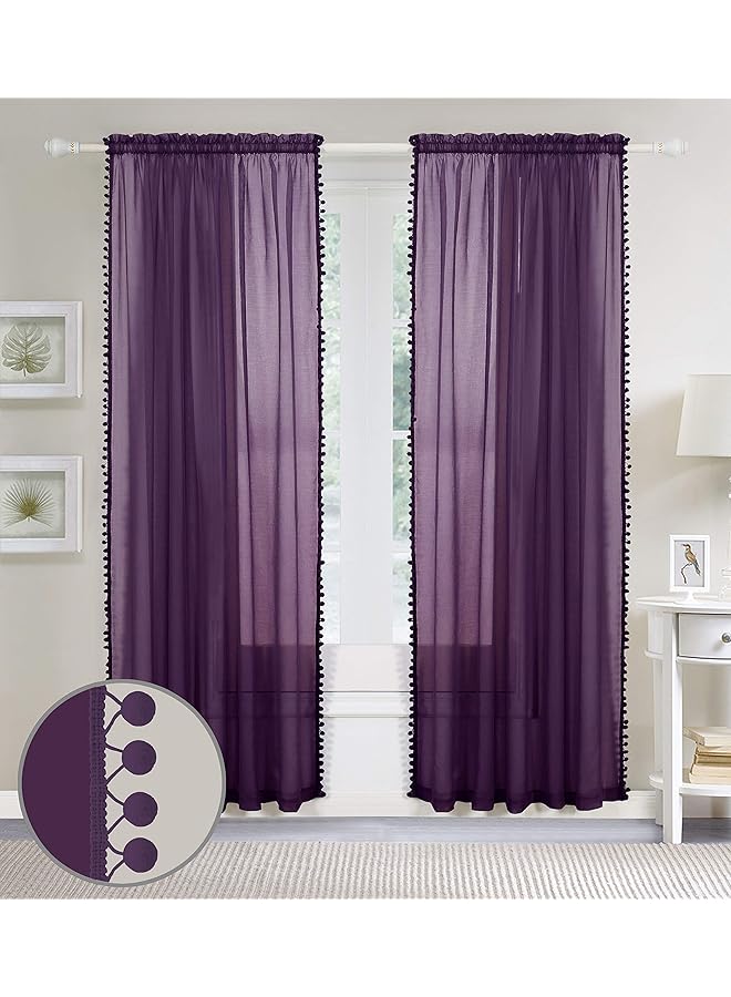 erorex Semi Sheer Pom Pom Tassels Curtains 2 Panels Set With 2Inch Rod Pocket Solid Sheer Curtain Drapes For Living Room Bedroom W40 - Image 3