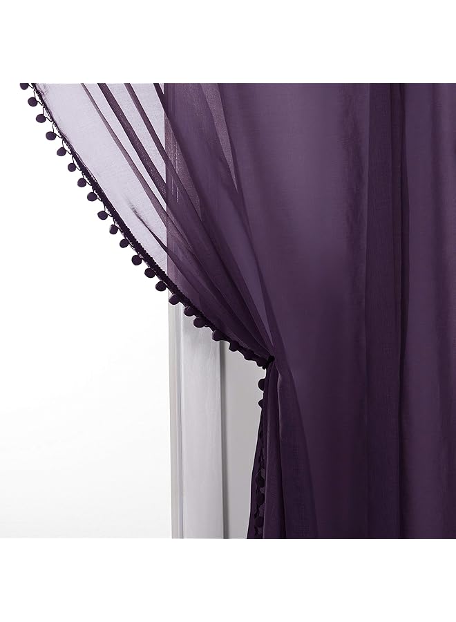 erorex Semi Sheer Pom Pom Tassels Curtains 2 Panels Set With 2Inch Rod Pocket Solid Sheer Curtain Drapes For Living Room Bedroom W40 - Image 5