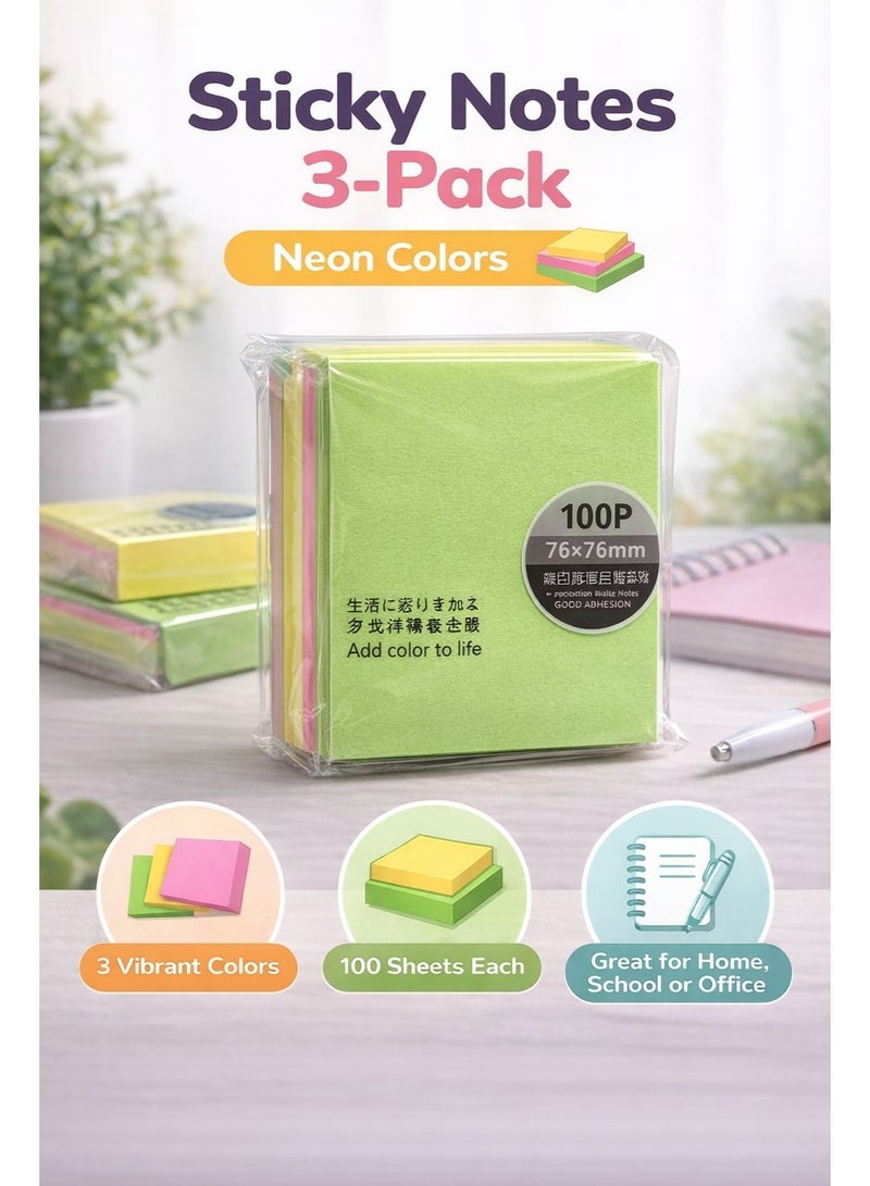 Fikriyah Sticky Notes 3-Pack Neon Colors – 100 Sheets Each (76x76mm) | Self-Adhesive Memo Pads for Home, School & Office - Image 2