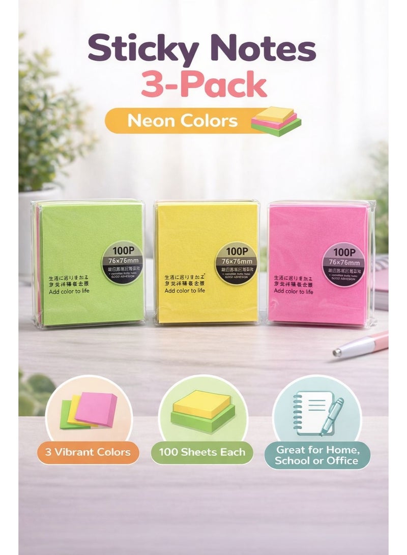 Fikriyah Sticky Notes 3-Pack Neon Colors – 100 Sheets Each (76x76mm) | Self-Adhesive Memo Pads for Home, School & Office - Image 1