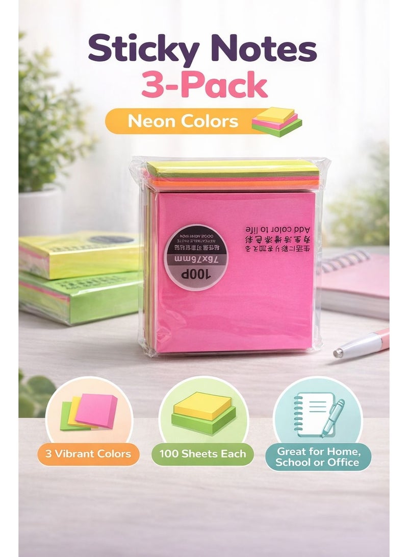 Fikriyah Sticky Notes 3-Pack Neon Colors – 100 Sheets Each (76x76mm) | Self-Adhesive Memo Pads for Home, School & Office - Image 3