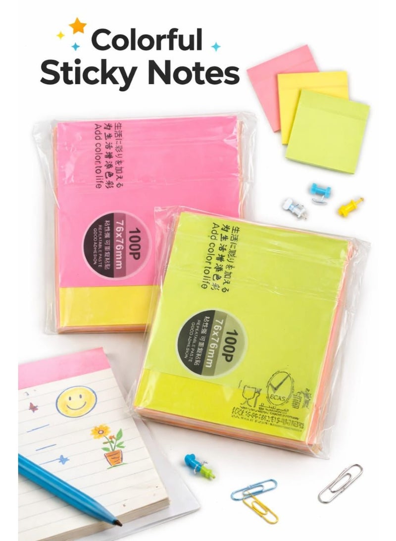 Fikriyah Sticky Notes 3-Pack Neon Colors – 100 Sheets Each (76x76mm) | Self-Adhesive Memo Pads for Home, School & Office - Image 4