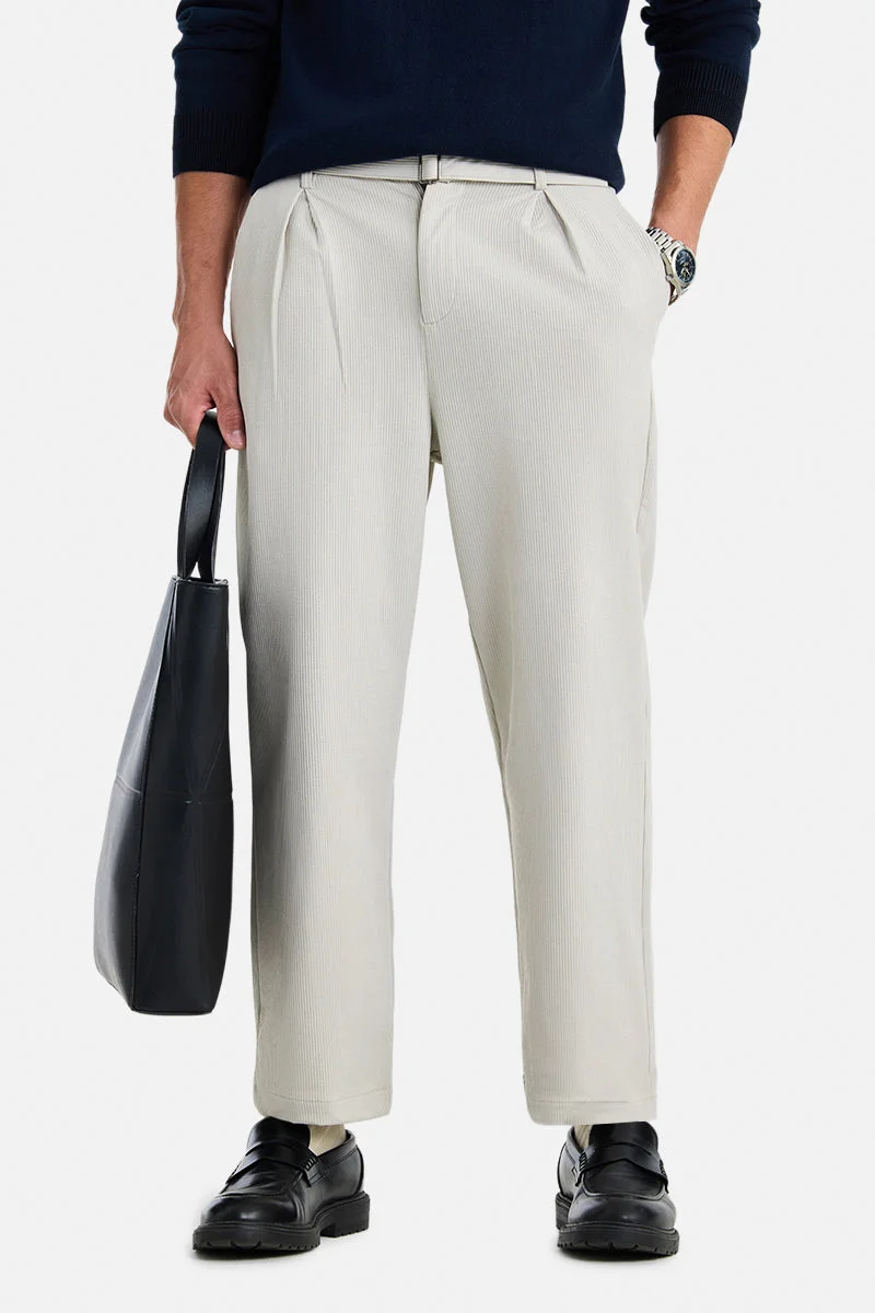 سنيتش Light Grey Ribbed Wide Leg Casual Trousers