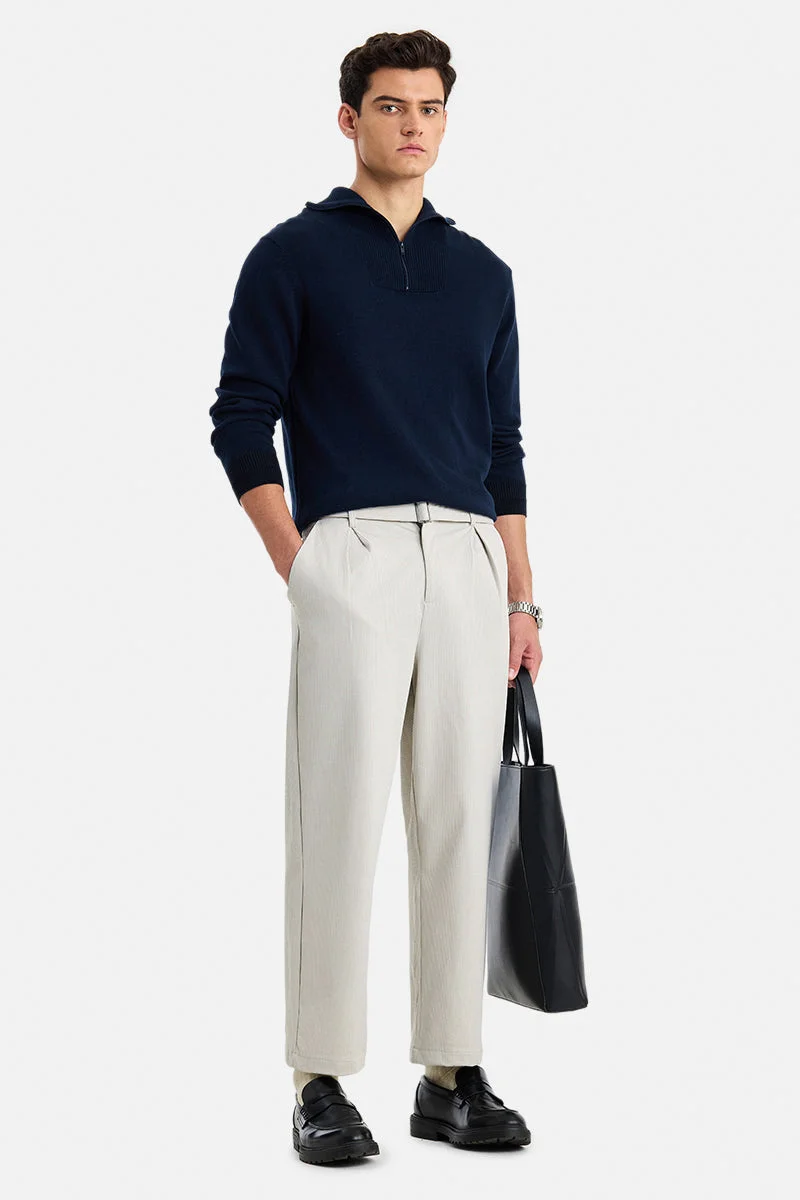 سنيتش Light Grey Ribbed Wide Leg Casual Trousers