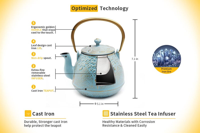 TOPTIER Japanese Cast Iron Tea Kettle with Stainless Steel Infuser, Cast Iron Teapot Stovetop Safe, Leaf Design Teapot Coated with Enameled Interior, 32 Ounce (950 ml), Turquoise Blue - Image 3
