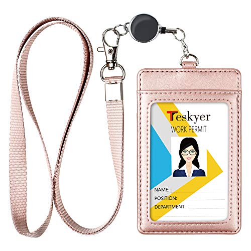 Teskyer Leather Badge Holder with Lanyard and Badge Reel, Retractable Lanyard ID Card Holder for Office School Name Work IDs, Rose Gold - Image 1