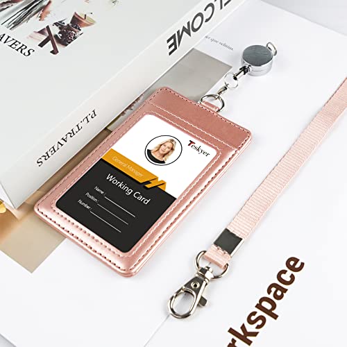 Teskyer Leather Badge Holder with Lanyard and Badge Reel, Retractable Lanyard ID Card Holder for Office School Name Work IDs, Rose Gold - Image 5