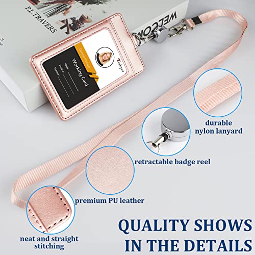 Teskyer Leather Badge Holder with Lanyard and Badge Reel, Retractable Lanyard ID Card Holder for Office School Name Work IDs, Rose Gold - Image 3