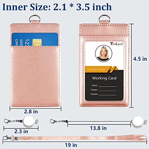 Teskyer Leather Badge Holder with Lanyard and Badge Reel, Retractable Lanyard ID Card Holder for Office School Name Work IDs, Rose Gold - Image 4