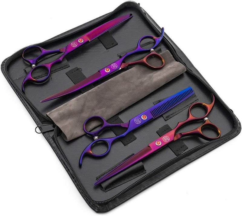Moontay Professional 7.0" Dog Grooming Scissors Set, 4-pieces Straight, Upward Curved, Downward Curved, Thinning/Blending Shears for Dog, Cat and Pets, JP Stainless Steel, Purple - Image 2