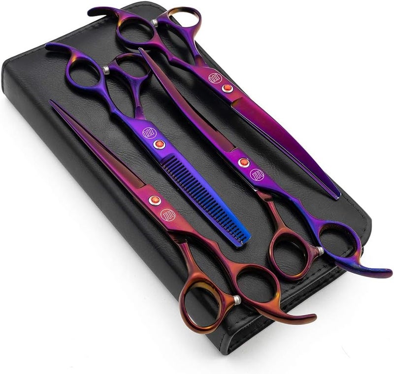 Moontay Professional 7.0" Dog Grooming Scissors Set, 4-pieces Straight, Upward Curved, Downward Curved, Thinning/Blending Shears for Dog, Cat and Pets, JP Stainless Steel, Purple - Image 1