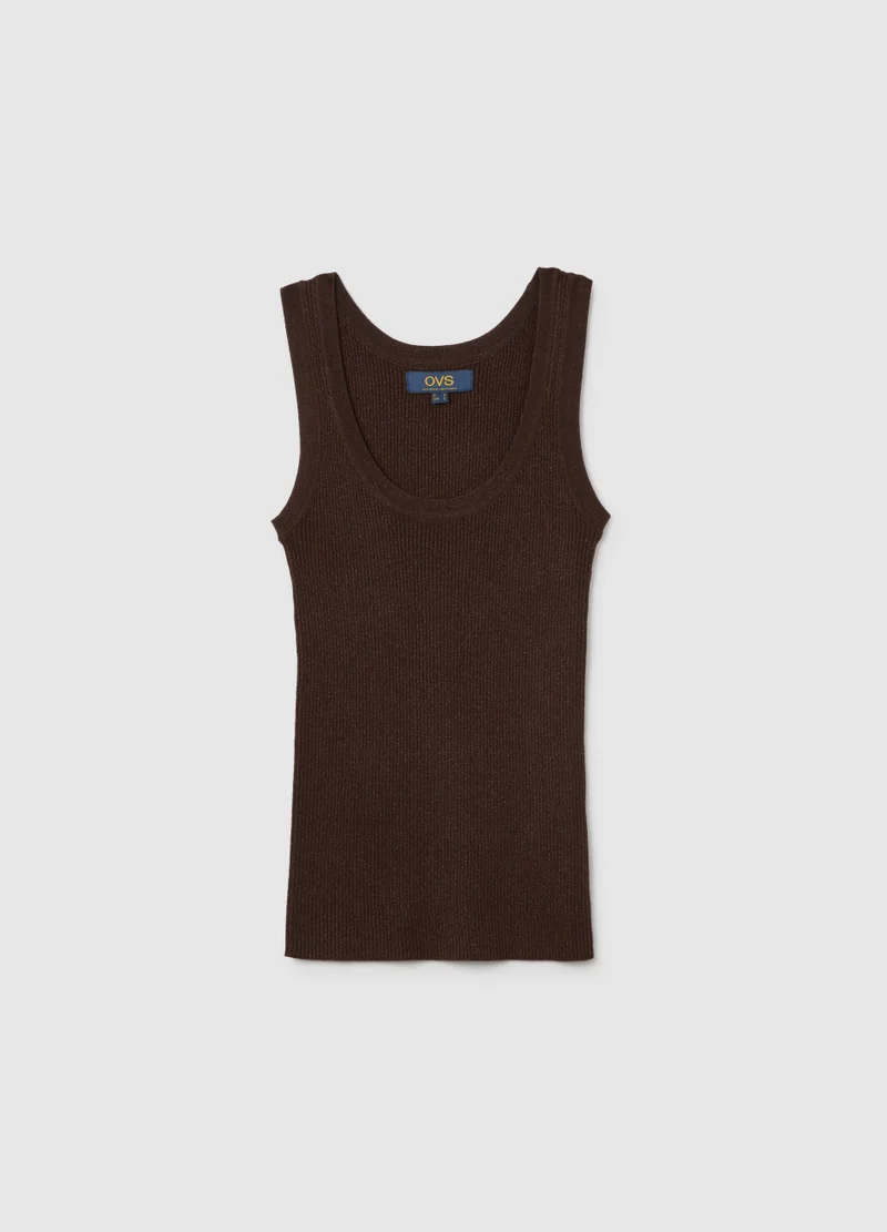 Ovs WOMEN'S BROWN STRETCH FABRIC T-SHIRT