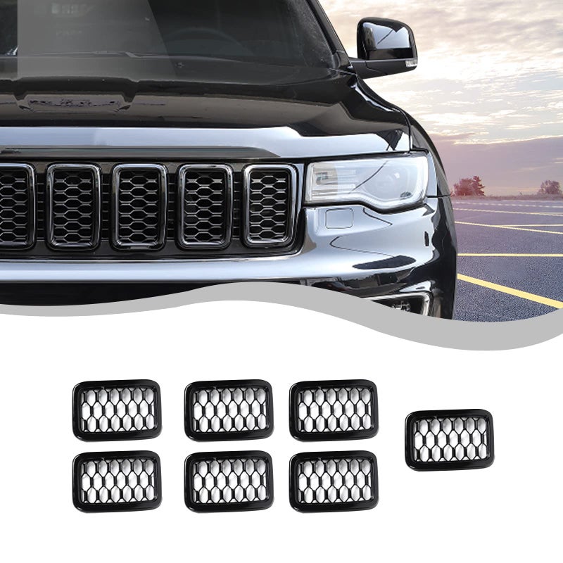 RTTCZ 7PCS Front Grill Mesh InsertsRings Covers Inserts Kit for 2017 2018 2019 2020 2021 Jeep Grand Cherokee Not fit for SRT Trackhawk 2021 Grand Cherokee L Black Mesh