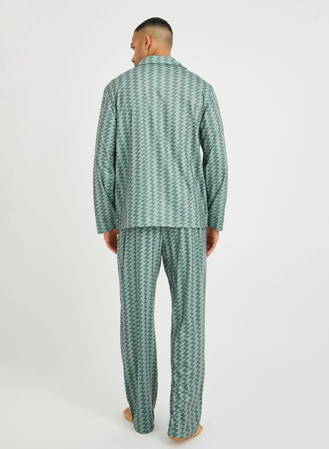 ستايلي Styli Chevron Printed Long Sleeve Shirt and Pyjama Set