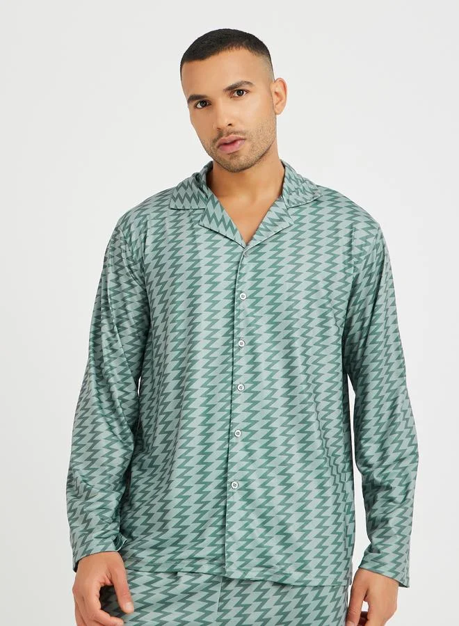 Styli Styli Chevron Printed Long Sleeve Shirt and Pyjama Set