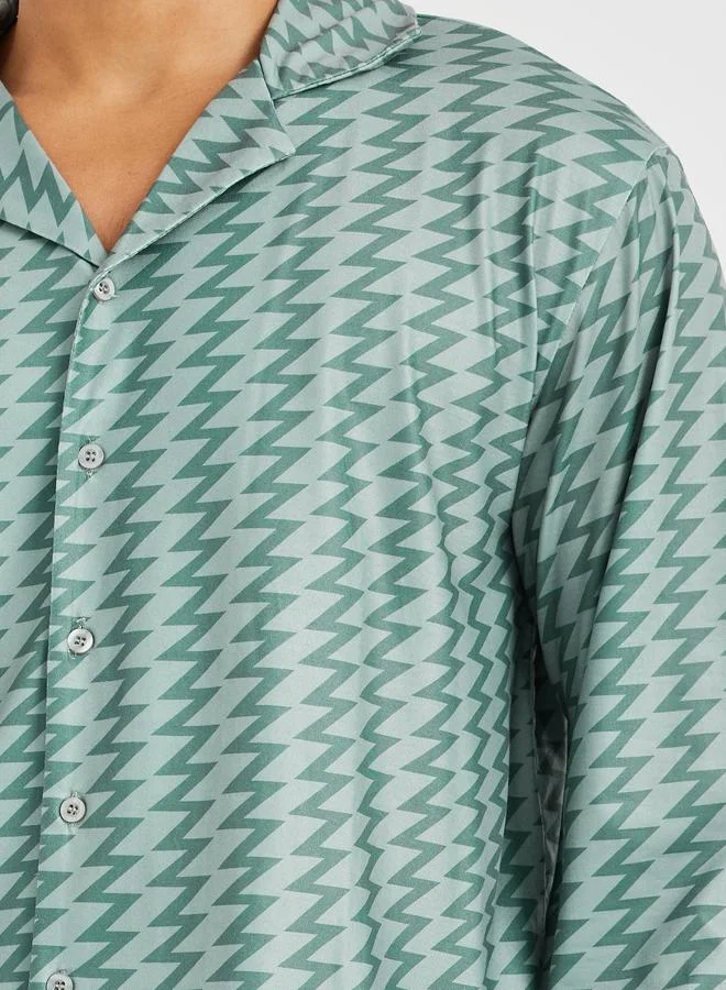 ستايلي Styli Chevron Printed Long Sleeve Shirt and Pyjama Set