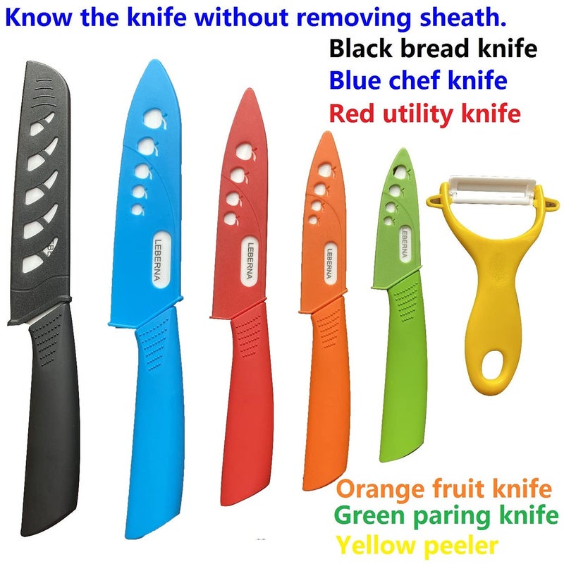 Leberna Ceramic Knife Set Ceramic Knives Set for Kitchen Ceramic Kitchen Knives Colored w Sheath 6" Bread Knife 6" Chef Knife 5" Utility Knife 4" Fruit Knife 3" Paring Knife 1 Peeler Colorful Rust Free Proof - Image 4