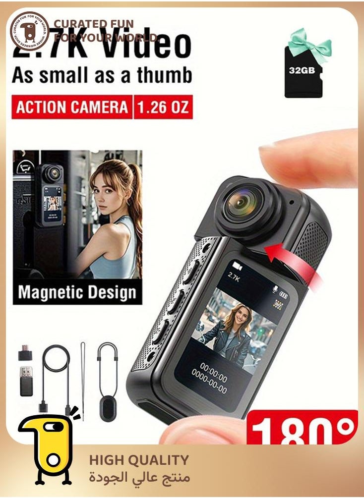 Generic 2.7K HD mini sports camera, new 180° rotating multi-angle outdoor camera, 1.47 HD magnetic camcorder, portable thumb camera with 32GB memory card, WIFI camera for vlog recording, cycling, travel, sports DV  - Image 1