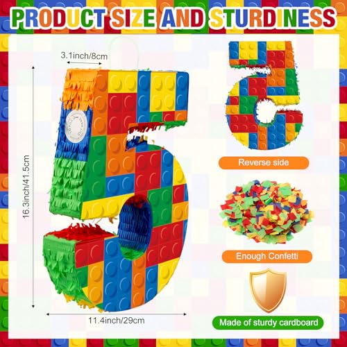 RoundFunny Number 5 Building Blocks Piata 165 Inch Party Supplies 5th Birthday Party Decorations Piata with Confetti Blocks Theme Fiesta Anniversary Celebration - Image 5