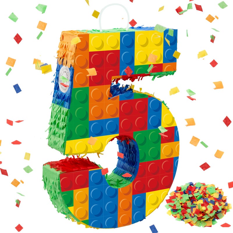 RoundFunny Number 5 Building Blocks Piata 165 Inch Party Supplies 5th Birthday Party Decorations Piata with Confetti Blocks Theme Fiesta Anniversary Celebration - Image 3
