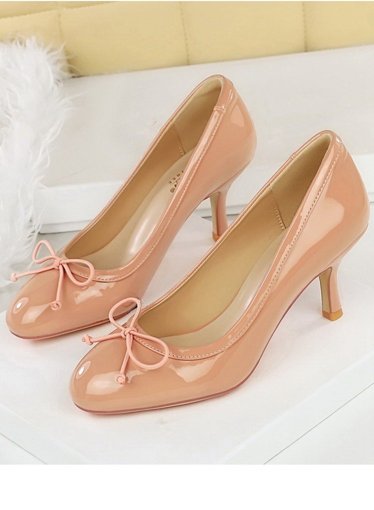 BIGTREE Women's Closed Round Toe High Heels Patent Leather Party Stiletto Pumps Nude Color 7CM - Image 1