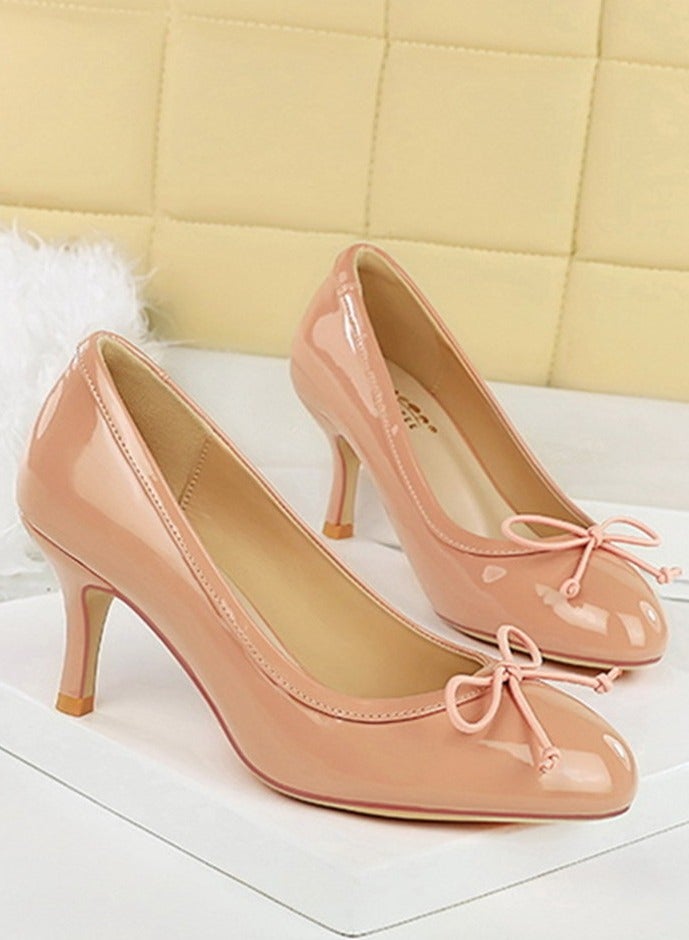 BIGTREE Women's Closed Round Toe High Heels Patent Leather Party Stiletto Pumps Nude Color 7CM - Image 2