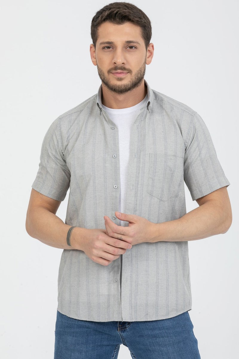 Men's Gray Short Sleeve Striped Cotton Shirt with Pocket