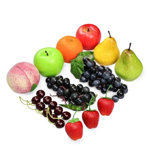 Tenorbass 16 Pcs Fake Fruits Pack, Artificial Fruits for Decoration Kitchen Home, Display Fruits for Dining Table Decor, Realistic Fake Apple Peach Oranges Grapes Pear - Image 2