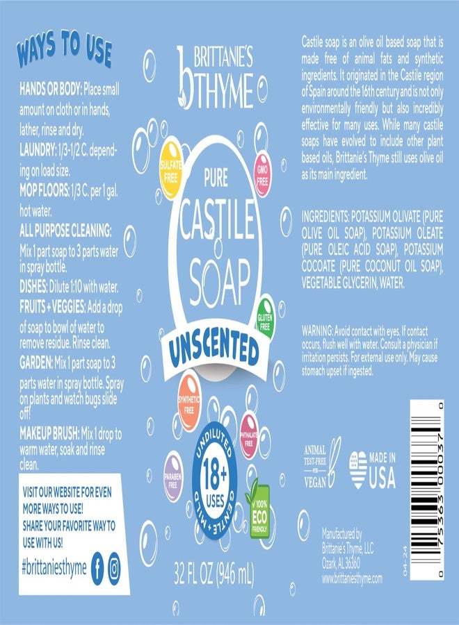 Brittanie's Thyme Brittanie’s Pure Castile Liquid Soap Refill, Unscented, 32 Ounce Pack of 2 | Dish Soap, Hair & Body, Home, Gentle and Pure, Made with Natural Luxurious Oils, Vegan & Gluten Free Non-GMO - Image 2