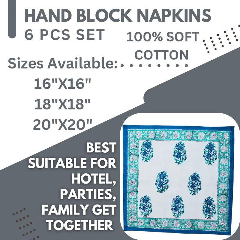 Third Eye Export Cloth Napkins Set of 6  Blue Cotton Floral Dinner Napkins for Table  Reusable Indian Block Print Washable Napkins for Wedding Party Boho Decor Blue 3 X Large 20X20 Inches - Image 5