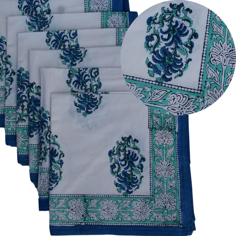 Third Eye Export Cloth Napkins Set of 6  Blue Cotton Floral Dinner Napkins for Table  Reusable Indian Block Print Washable Napkins for Wedding Party Boho Decor Blue 3 X Large 20X20 Inches - Image 1