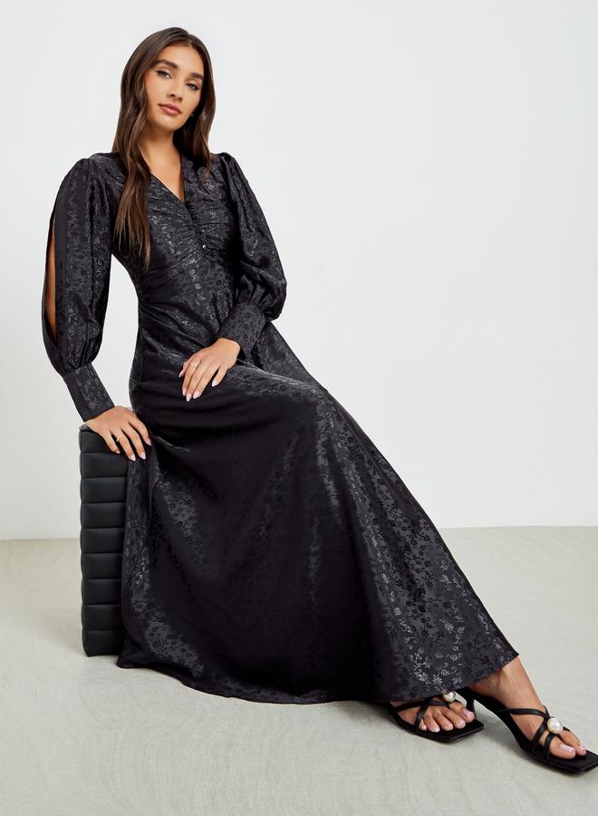 Styli Women Jacquard Slit Sleeve Maxi Dress - Image 1