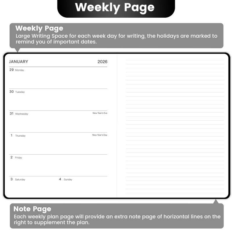 MaaIbok مخطط 2026 - مخطط أسبوعي شهري 2026، 8" × 10"، يناير - ديسمبر 2026، مخطط/تقويم 2026 مع صفحة ملاحظات أسبوعية، غلاف صلب، حلقة قلم، شريط مرن، جيب داخلي - Image 4