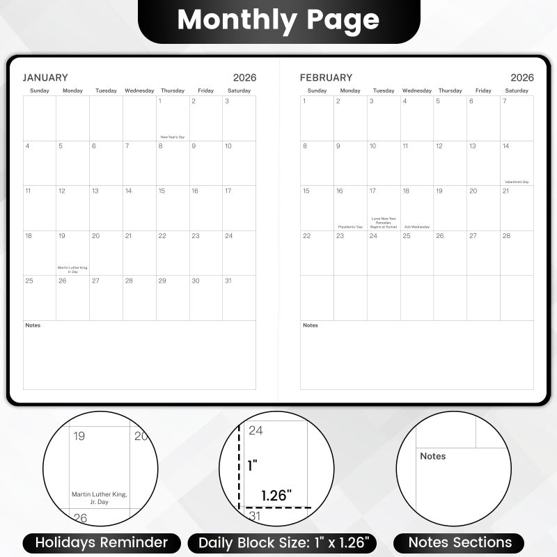 MaaIbok مخطط 2026 - مخطط أسبوعي شهري 2026، 8" × 10"، يناير - ديسمبر 2026، مخطط/تقويم 2026 مع صفحة ملاحظات أسبوعية، غلاف صلب، حلقة قلم، شريط مرن، جيب داخلي - Image 3