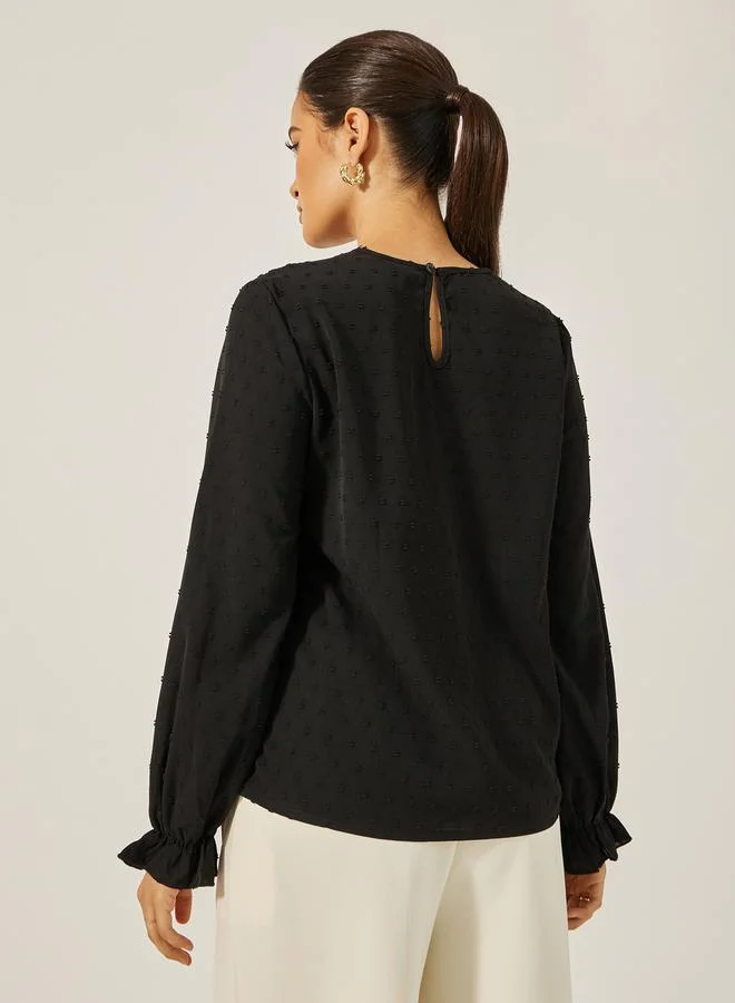 Styli Textured Lace Insert Ruffled Sleeve Top