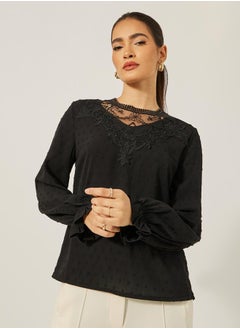 Styli Textured Lace Insert Ruffled Sleeve Top  - Image 4