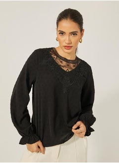 Styli Textured Lace Insert Ruffled Sleeve Top  - Image 3