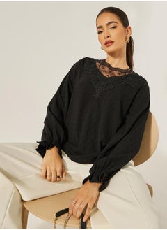 Styli Textured Lace Insert Ruffled Sleeve Top  - Image 1