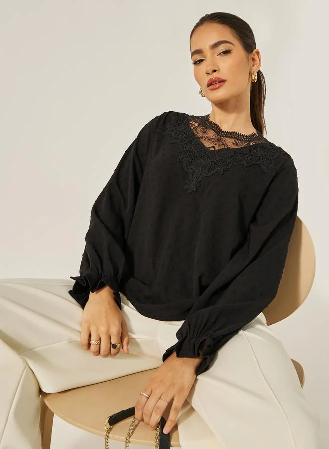 Styli Textured Lace Insert Ruffled Sleeve Top