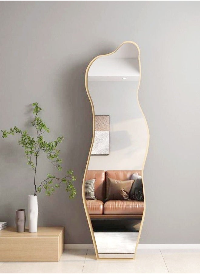 fashionhome Modern Scandinavian Design Full Length Mirror Standing Hanging or Leaning Against Wall Large Bedroom Floor Mirror Dressing Mirror Wall-Mounted Mirror Wood Frame Wavy Mirror Round Corner 40 x 150 cm  - Image 1