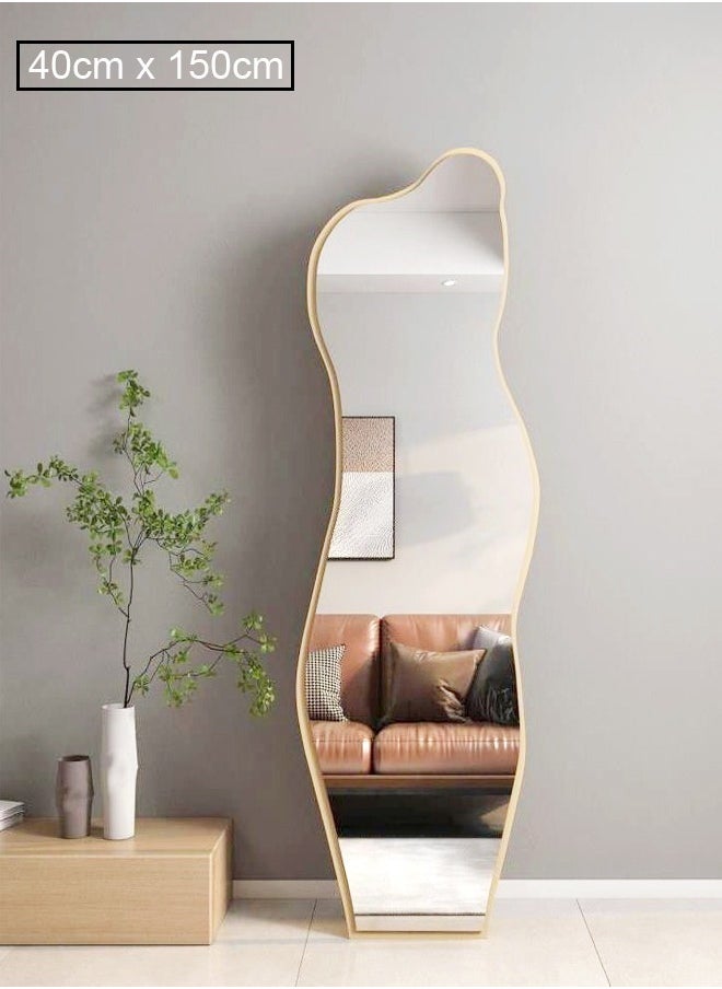 fashionhome - Modern Scandinavian Design Full Length Mirror Standing Hanging or Leaning Against Wall Large Bedroom Floor Mirror Dressing Mirror Wall-Mounted Mirror Wood Frame Wavy Mirror Round Corner 40 x 150 cm - Image 1