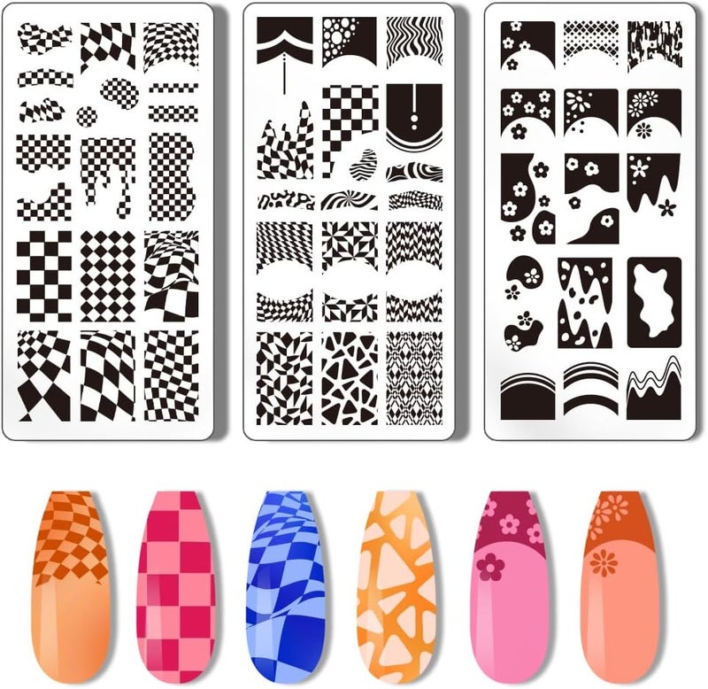 PH PandaHall 3pcs French Nail Stamper Tartan Nail Stamping Plate French Tip Nail Art Stencils Plaid Wave Print Nail Stencils Stainless Steel Nail Image Plates for Nail Design Print Manicure Salon