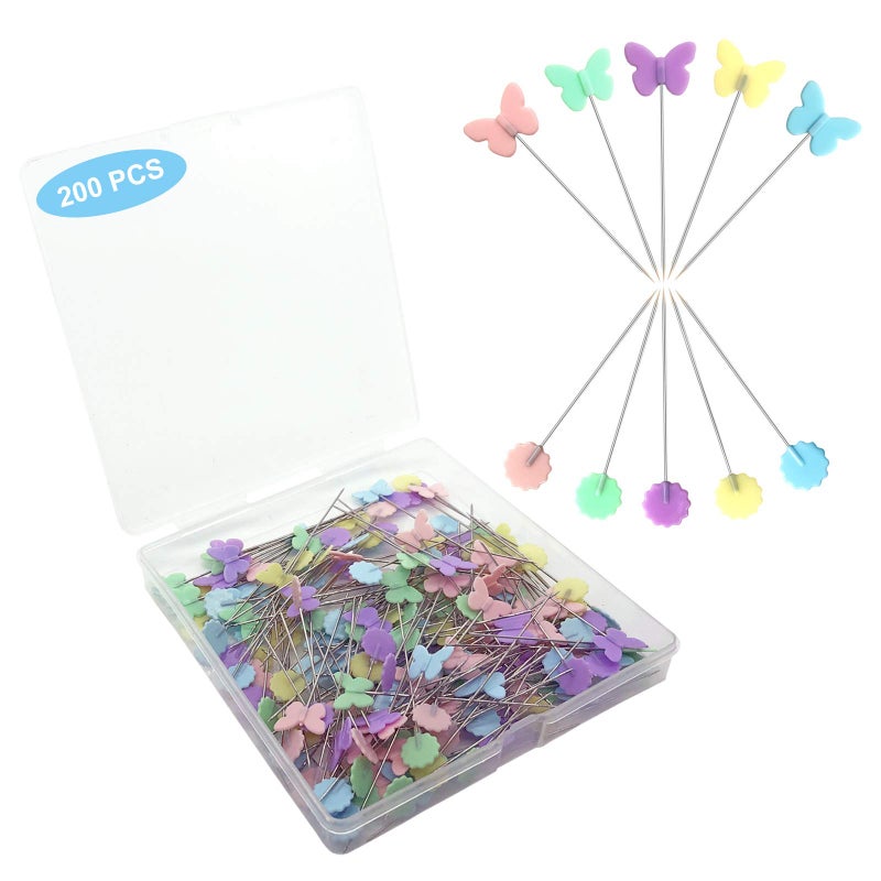 200pcs Sewing Pins Flat Head Straight Pins with Butterfly and Flower Colored Heads Long 216inch Quilting Pins for Dressmaker Craft Sewing Project and DIY Decoration Butterfly and Flower