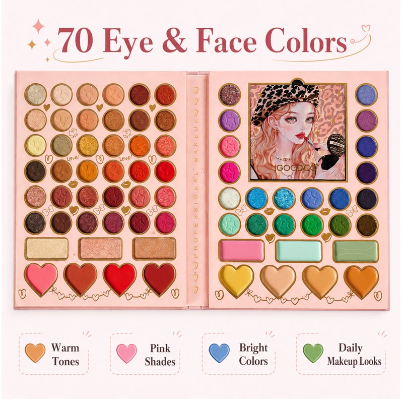 Me Now 70 Color Eye & Face Makeup Palette All-in-One Eyeshadow Blush Highlighter Cosmetic Kit with Mirror and 5 Tools Matte Shimmer Glitter Shades for Daily Makeup - Image 2