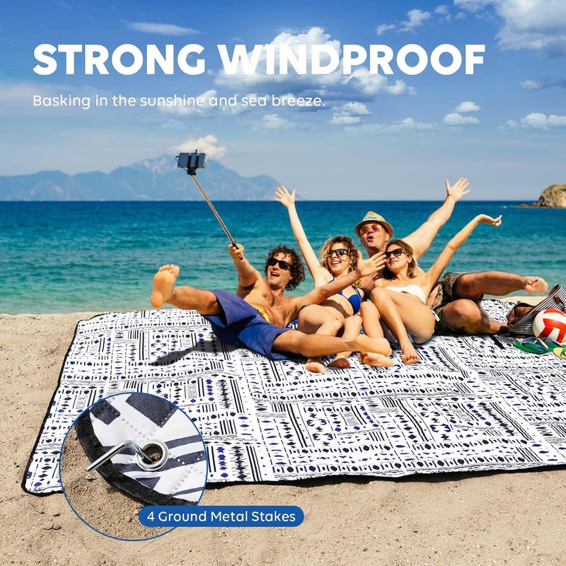 ZAZE Picnic Blankets Beach Blanket with Stakes, Thick 3-Layer Waterproof Sandproof 80 * 80 Oversized Mat, Foldable Extra Large Big, Machine Washable Accessories for Outdoor Camping Park (Black Blue) - Image 3